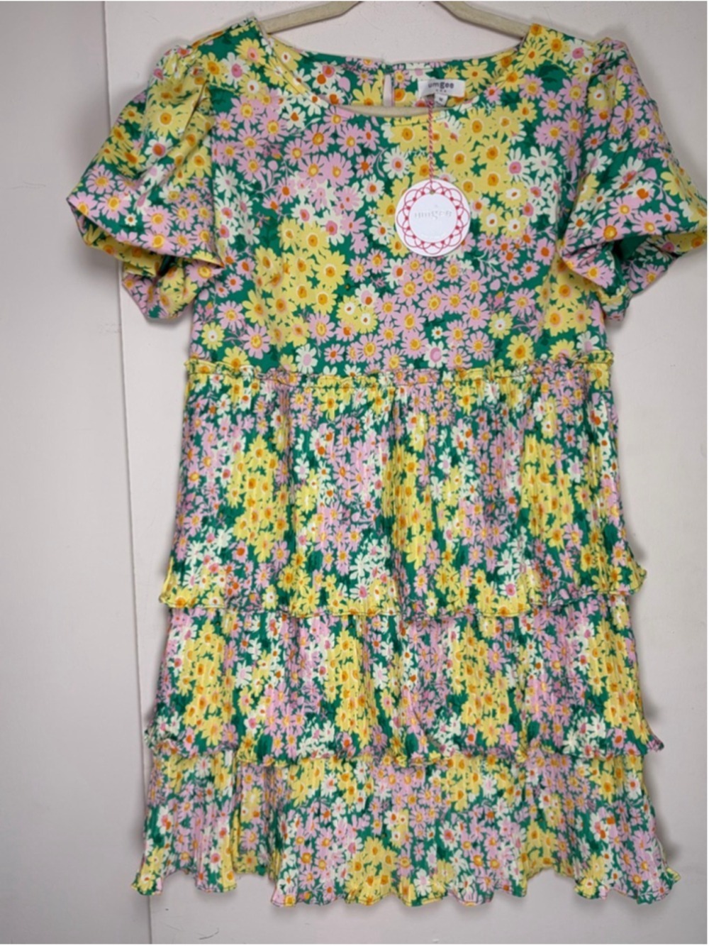 Umgee Green Ditsy Floral Tiered Puff Sleeve Mini Dress Size M NWT